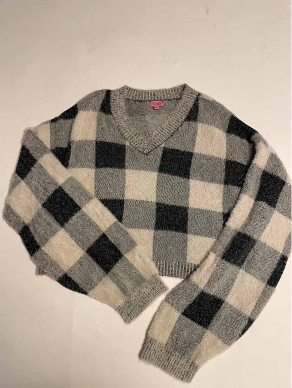 mi ami for francescas plaid sweater Large black gray cream